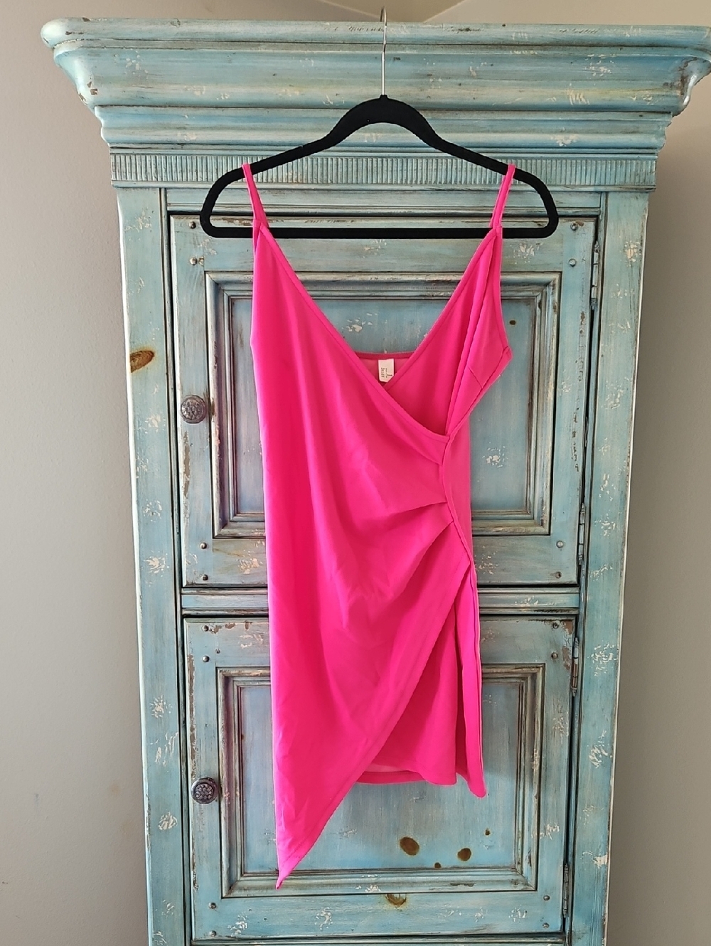 Hot Pink Spaghetti Strap Mini Dress with Wrap Detail